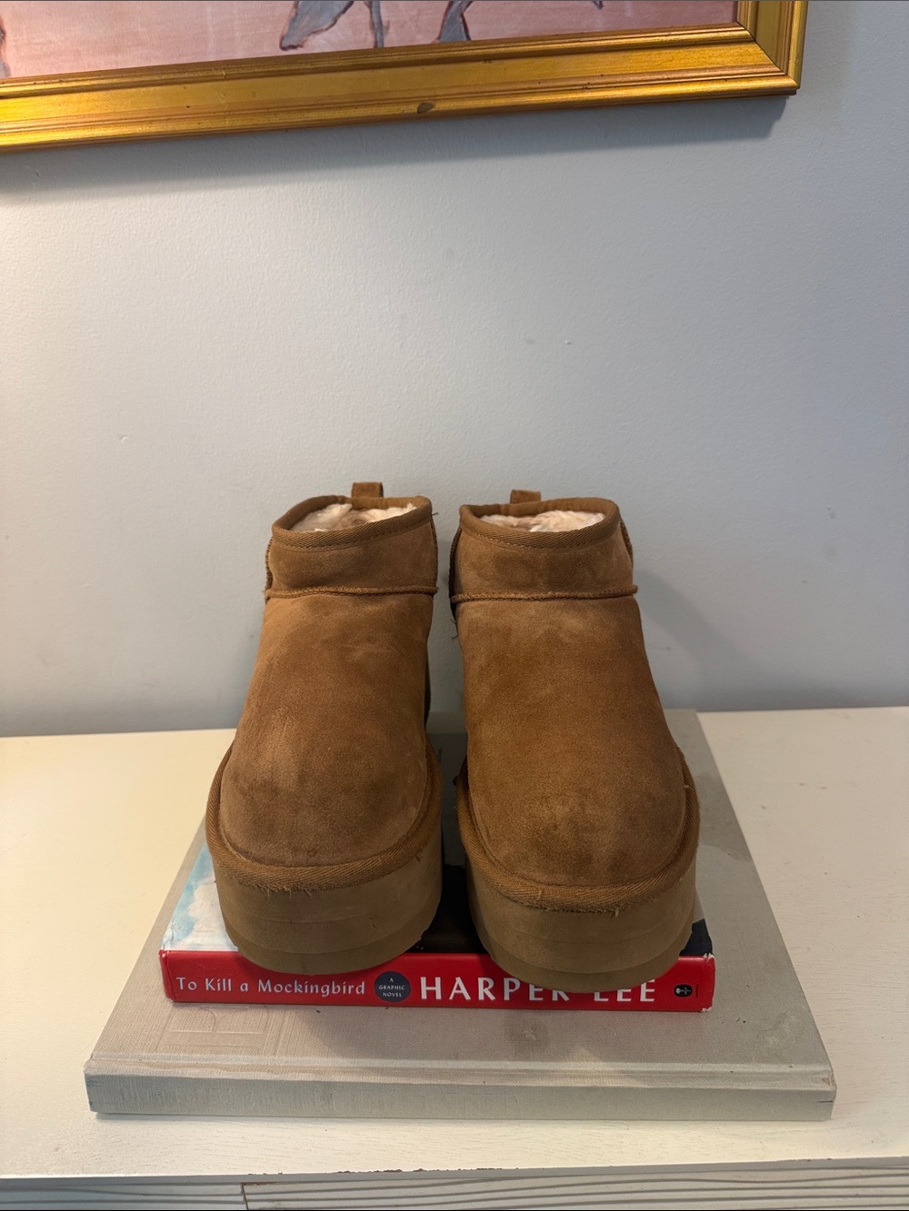 UGG Women's Tan Suede Shearling-Lined Slip-On Platform Boots- Size 7